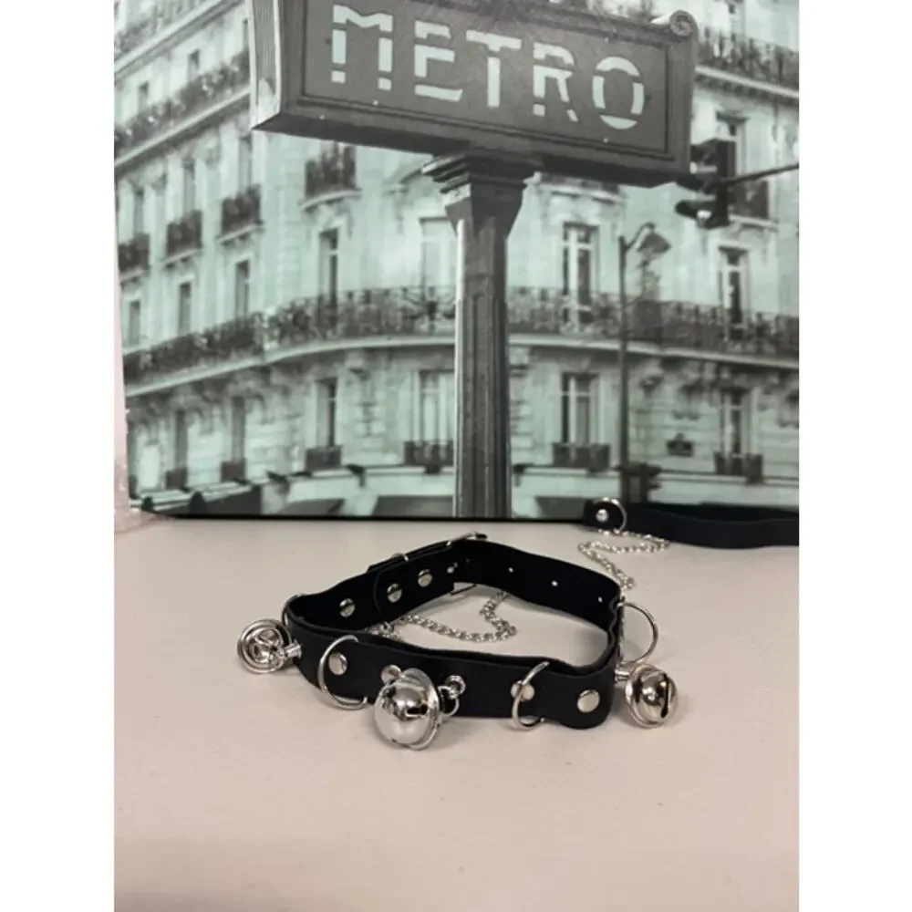 Punk Goth Black PU Leather Choker Collar with Bells and Leash Set